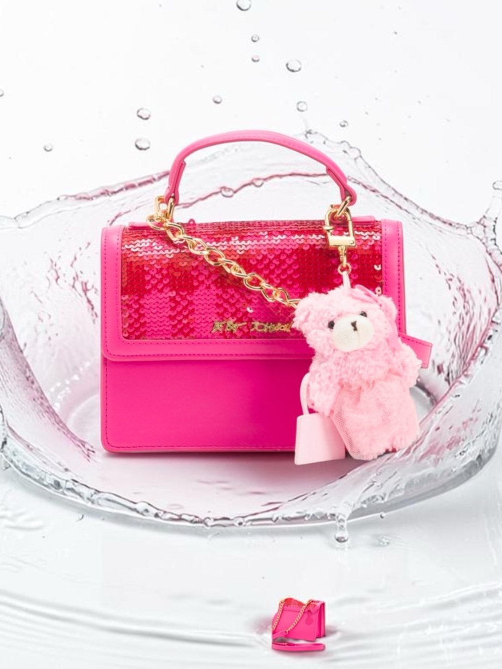 BETSEY Johnson MYLO PINK SEQUIN satchel CROSSBODY BAG pink teddy BEAR bag CHARM - Picture 12 of 13